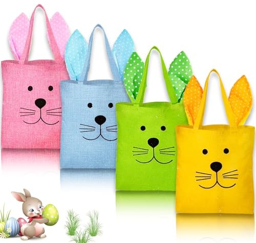 Scinzene Ostertüten Set 4 Stück, Ostertaschen mit Hasenohren, Osterkörbchen mit Henkel, Ostersäckchen für Kinder, Ostergeschenke und Osterdeko