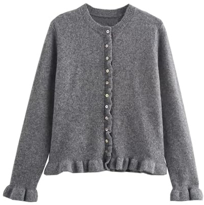 FindThy Women’s Cropped Cardigan Sweater Trendy Crewneck Ruffle Long Sleeve Button Down Knitwear Tops(4116-Grey-M-aLB)