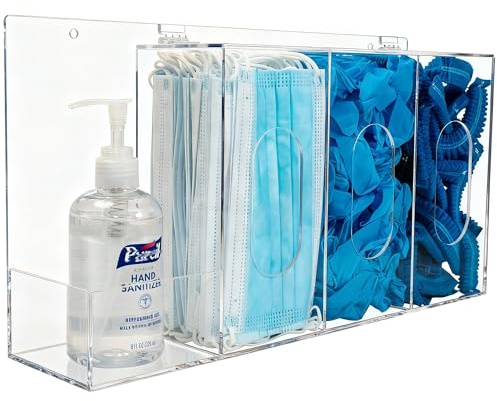 SEANADO Hygienestation Acryl 4-fach mit Deckel – Handdesinfektions Handschuhspender & Maskenspender Wandhalterung – Spender für Einweghandschuhe, Mundschutz – Wand- oder Tischmontage