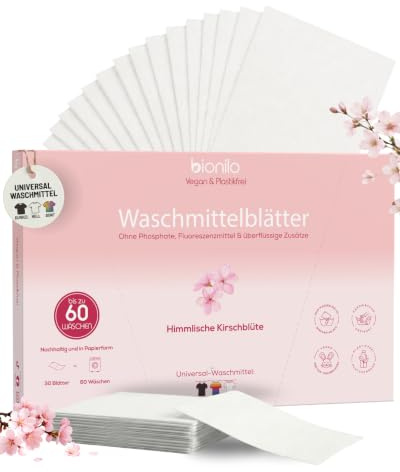 Bionilo Waschmittelblätter Himmlische Kirschblüte – 60 Waschgänge – Vegan Plastikfrei Biologisch Abbaubar – Nachhaltig Umweltfreundlich – Kompakt Reisegröße Waschmittel Blätter