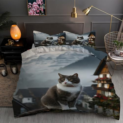 TMMDH Bettwäsche 135x200 Bettbezug Winter Bettwäsche-Sets Katze Muster Weich Hypoallergen Baby Bettwäsche Set mit 2 Kissenbezüge 80x80 cm, Geeignet für Jungen Mädchen Kinder