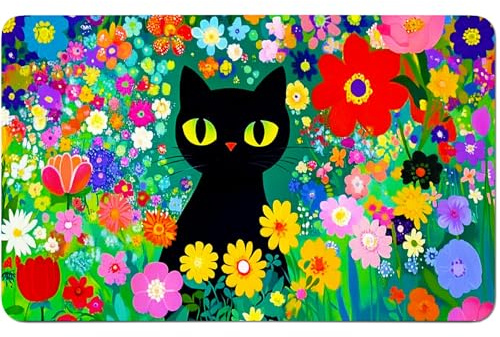 RWUTYTIUL for MTG Card Playmat 24 X 14 Inch with No Zone, Stitched Play Mat for Commander Board TCG RPG CCG Game Desktop Tablet Mouse Pad for Playing Accessories, Flower Black Cat