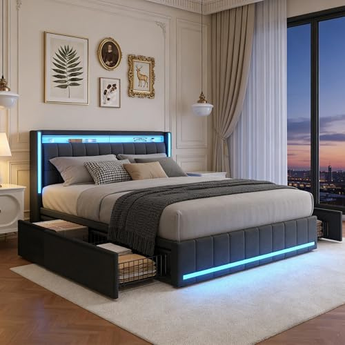BRILVERDE Polsterbett 140x200 mit Stauraum, Doppelbett mit USB und LED, Jugendbett mit 4 Schubladen, Funktionsbett, Bettgestell mit Lattenrost, Linen (Grau, 140 x 200 cm)
