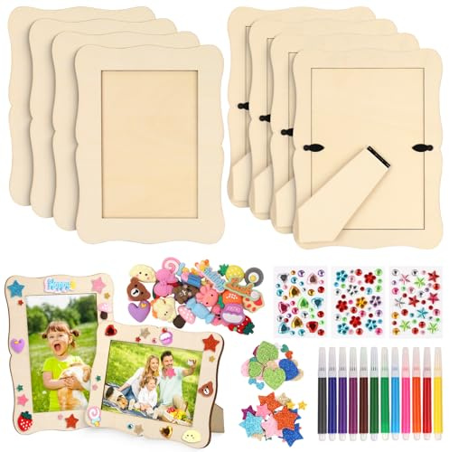 Dengthrive Holzbilderrahmen zum Bemalen: 8 Stück 19x14cm Bilderrahmen Set Basteln mit Stern und Liebesaufkleber Glitzernde Edelsteinaufkleber Aquarellstifte