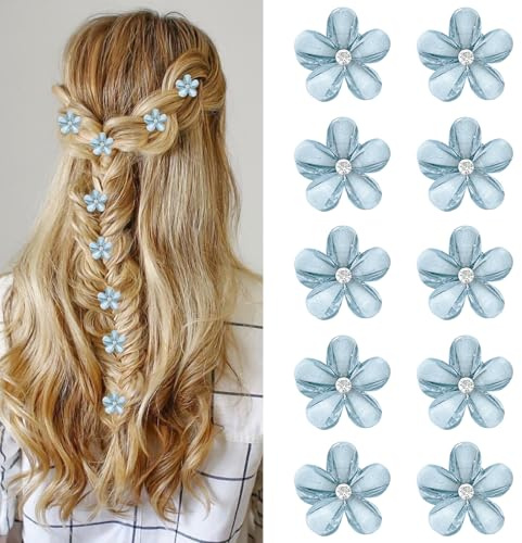 10-pack Blå Blomma Hårklämmor - 2 cm Mini Rhinestone Klämmor för Flickor & Kvinnor, Bröllop & Vardagsbruk