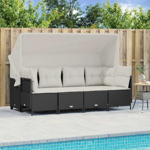 QJBSAVVA 5-teiliges Schwarzes Poly-Rattan Garten Lounge Set mit Dach XXL 204×75 cm klappbarer Sitzgruppe Outdoor Balkon Terrassenmöbel für Garten Balkon Kleiner Sitzplatz