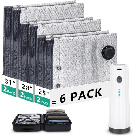 ORIA Resevakuumförvaringsväskor med elektrisk pump, 6-pack kompressionsväskor för resor, återanvändbar vakuumväska för kläder, kabinbagage, resväska packning och utrymmesbesparing