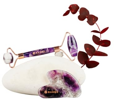 BANBU | Pack Yoga Viso Ametista con Roller e Gua Sha | Strumenti di massaggio facciale | Cura della pelle per tonificare e rivitalizzare
