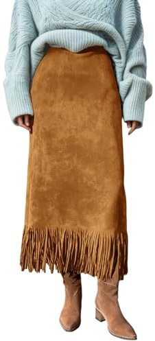 Genérico Faldas Mujer de ImitacióN Ante con Flecos Elegante Falda Lápiz de Talle Alto para Otoño e Invierno Falda Vintage de Línea A de Longitud Media