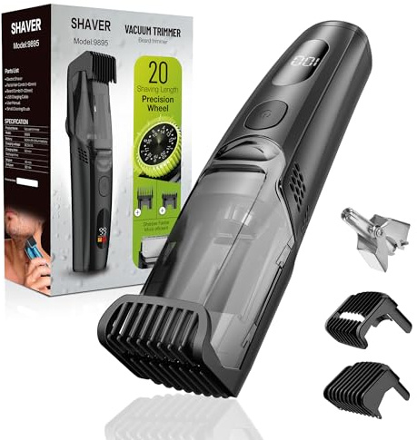 Vacuum Beard Trimmer for Men, Rechargeable Electric Mens Beard Trimmer with Adjustable Length Comb (1-20mm), Cordless Mustache Trimmer for Men with Built-in Vacuum for Facial, Sideburns (Glossy Black)