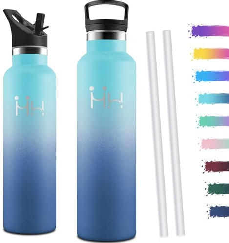 Motswedi Gourde Isotherme 1l, avec Paille, Bouteille Isotherme, Anti-Fuite, Thermos, Poignée de Transport, Gourde Inox, Réutilisable, Thermos 1l pour Voyage, Camping, Sport, Bleu Ciel & Bleu Foncé