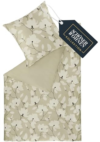 Juego de ropa de cama de satén SCHÖNER WOHNEN 155x220 algodón flores beige - Juego de ropa de cama de lujo de 2 piezas - transpirable - 1x funda de edredón y 1x funda de almohada 80x80 cm conjunto de