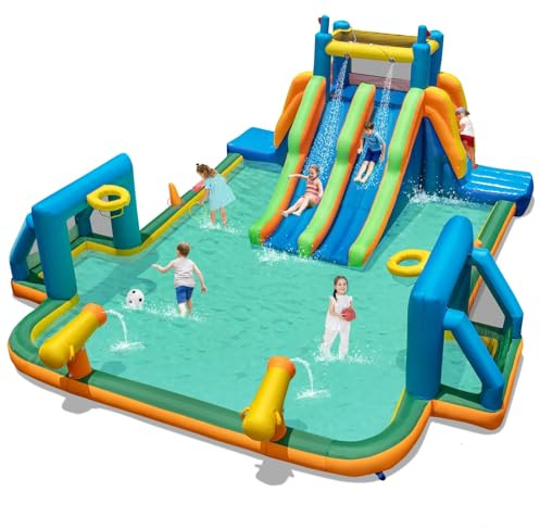 Inflatable Bouncy Castle, 7 in 1 Water Park Bounce House with Slide, Soccer Goals, Splash Pool, Climbing Wall, Basketball Hoop, Ring Toss, Water Cannon, Outdoor Obstacle Course for Kids Backyard