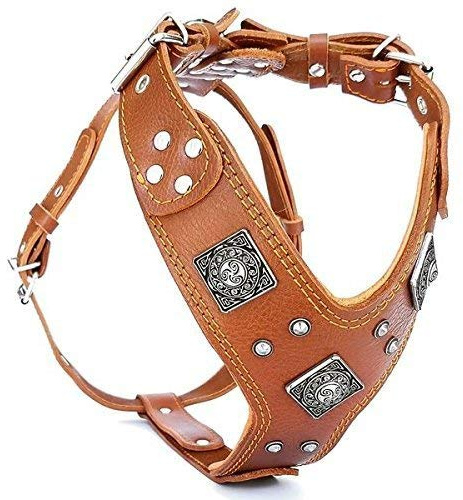 Bestia |EROS| Leder Brustgeschirr für große Hunde. Bis 145 cm Brustumfang. | Größe L/XL- für einen Brustumfang von 60 cm bis 115 cm, Braun & Orange