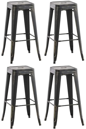 CLP 4er Set Barhocker Joshua I Stapelbare Tresenhocker aus Metall I Barstühle mit Fußstützen I Sitzhöhe 76 cm I Stapelhocker, Farbe:schwarz-Gold
