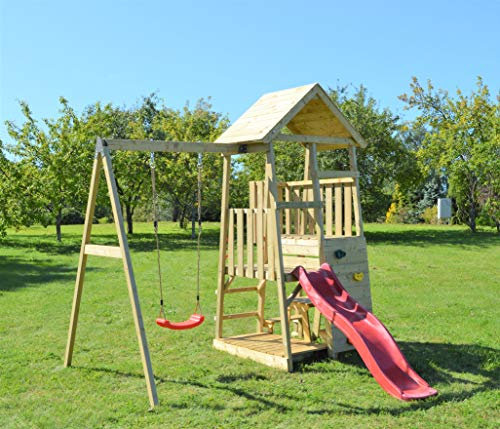 Wendi Toys J8 Klettergerüst für draußen, Aktivitätsturm mit Schaukel und Rutsche, Kletterwand, Sandkasten, FSC nordisches Holz, 290 x 270 x 270 cm, Alter 3–10, Gartenspielhaus mit Rutsche und Schaukel