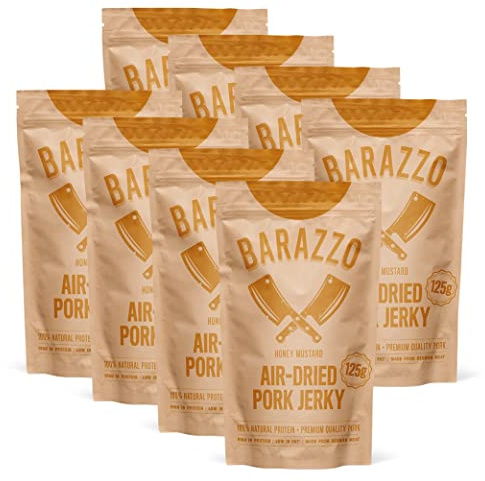 Barazzo Pork Jerky Honey Mustard 1 kg (8 x 125g) | Jerky/Biltong, proteinreicher Snack mit wenig Fett, high protein & healthy snack
