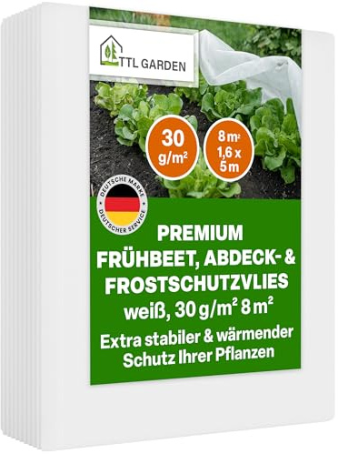 TTL GARDEN 30g/m² Frühbeetvlies 8m² 1,6 x 5m weiß reißfest & atmungsaktiv | - Wachstumsvlies Hochbeetvlies Frostschutz für Beet, Abdeckvlies, Insektenschutz für Beete zum Schutz vor Frost + Schädlingen