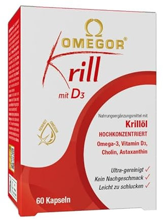 Omegor - Olio di Krill Omega 3 Puro - Krill con Vitamina D3 (60 Capsule) Ricco di Omega-3 EPA e DHA - Senza Retrogusto e Facile da Digerire