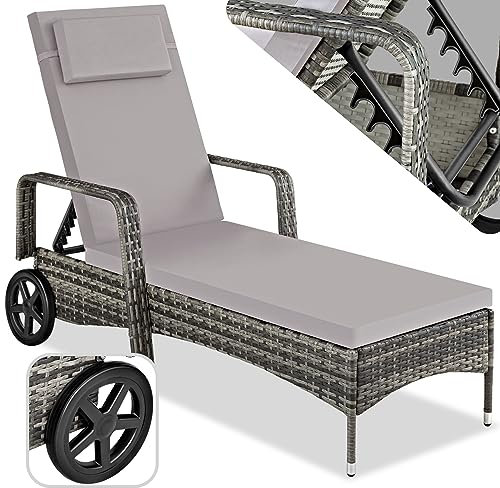 tectake Poly Rattan Gartenliege mit Rollen, 6-Fach höhenverstellbarer Liegestuhl, bis 120kg belastbar, Sonnenliege Rattan (wetterfest), Liege inkl. Polster und Kissen - grau/hellgrau