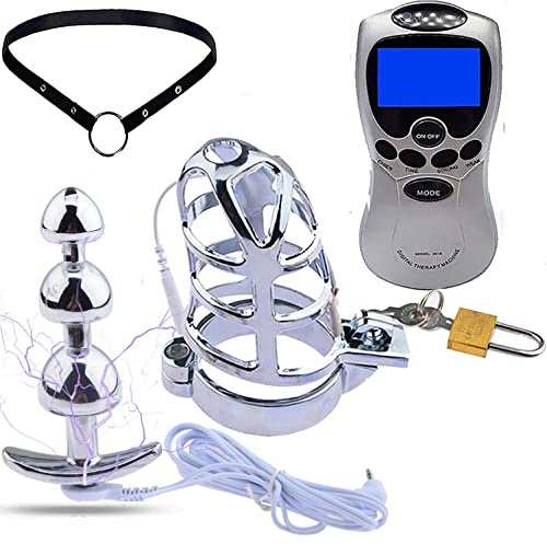 Elektrischen Impuls Keuschheitskäfig Mit Anal Perlen & Gürtel Zur Penis Stimulation Keuschheitsgürtel Cock Cage, Elektro-Keuschheit Peniskäfig Für Männer E-Stim SM Sexspielzeug,Weiß,50mm