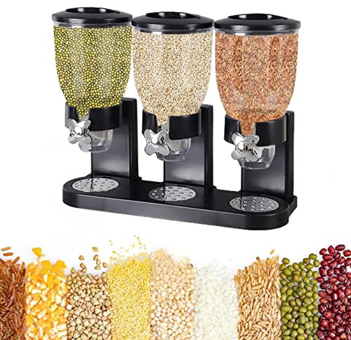 EdirFtra 3 Barrels Food Dispenser, Cereal Dispenser Triple Food Container, Three Canister Food Storage Buckets For Candy Nut Grain Snack Rice,Black