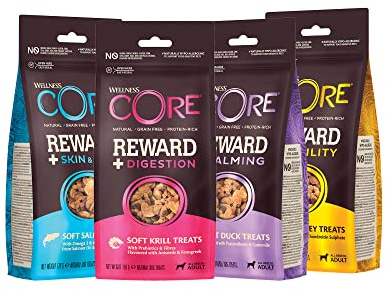 Wellness CORE Reward+ Probierpaket, Hundeleckerlis zur Belohnung, getreidefrei, 4 verschiedene Geschmacksrichtungen, 4 x 170 g