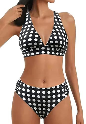 Dam bikiniset V-hals baddräkt hög midja snörning mitt uppgång tvådelad baddräkt bred rem triangel bikini push-up baddräkt, Polka prickar, L