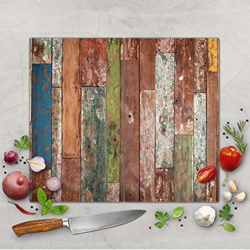 banjado Schneidebrett Glas mit Motiv Buntes Holz - großes zweiteiliges Glasschneidebrett rechteckig 2 x 30 cm x 52 cm - auch verwendbar als Schneidebrett Herdabdeckung