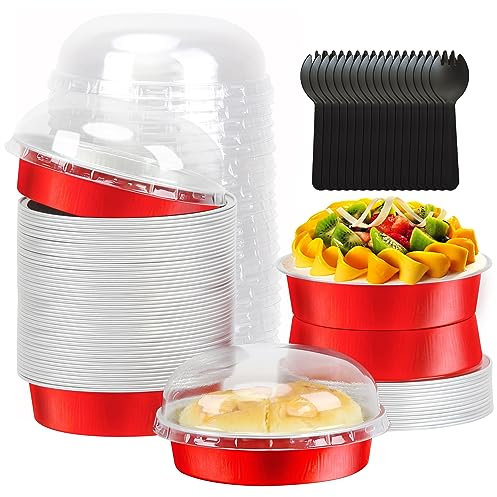 LNYZQUS 8oz Small Pie Pans Disposable Muffin Tins 50 Pack, Aluminum Pot Pie Baking Dishes With Lids,4” Creme Brulee Ramekins Individual Mini Cake Tins Contaniers For Cheesecake Quiche-Red