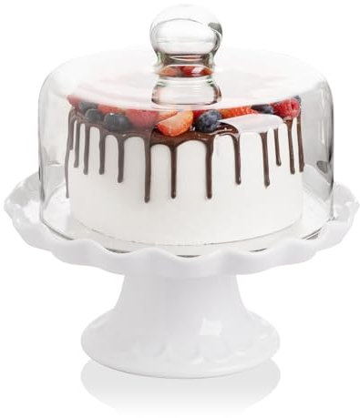 Sweejar Alzata per torte in porcellana da 25,4 cm con coperchio in vetro, piatto rotondo per torte, per feste di compleanno, matrimoni e altri eventi, decorazione della casa (bianco nuovo)