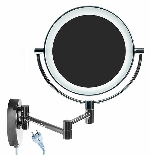 HIMRY LED Cosmética Espejo 8,5 Pulgadas 10X Aumentos, Maquillar Espejo de Pared con Luz y Brazo Articulado, Plegable Espejos Afeitar Iluminado para Baño de Cara Doble, Metal Real Cromado KXD3129-10x