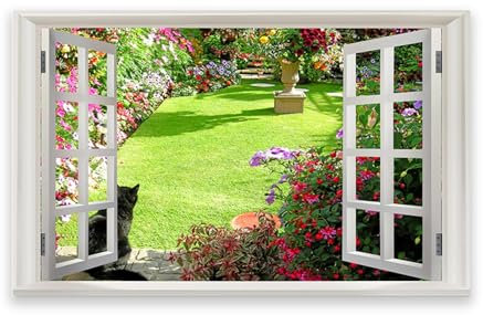 RYLJCZ Impression sur toile de paysage naturel/3D, image d'art mural avec fenêtre ouverte/affiche de printemps/peinture de décoration pour le salon de la maison. 80x120cm (31,5x47,3) Sans cadre