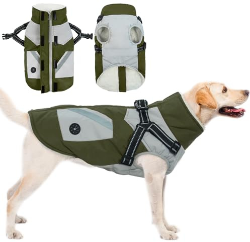 Wasserdichter Hundejacke, Warme Hunde Mantel Winter Hunde Jacke mit Geschirr Winddichte Hundekleidung Weste Winter Outfit Schneeanzug Hund Bekleidung(Armeegrün, L)