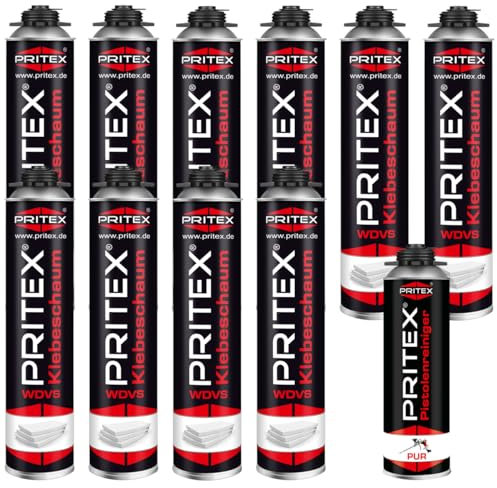 PRITEX – WDVS Klebeschaum Set 10 x 750 ml inkl. Pistolenreiniger zum Isolieren, Fixieren & Befestigen /// Isolierschaum Dämmstoffkleber mit sehr guter Haftung, geringer Nachdehnung