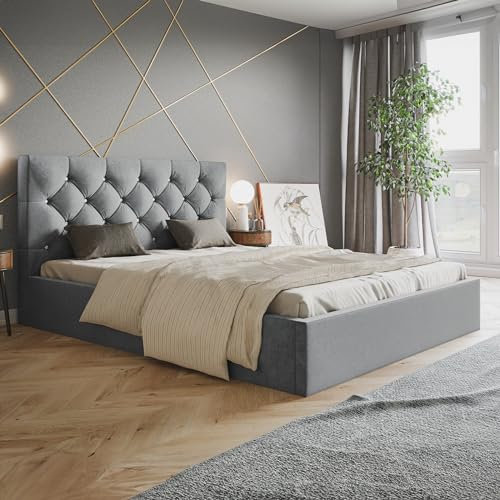 MOTIVENA Crystal Polsterbett 160x200 Grau, Polsterbett 160x200 Samt, Polsterbett 160x200 mit Bettkasten, Polsterbett 160x200 mit Stauraum, mit Lattenrost, mit Kopfteil, ohne Matratze, Hellgrau