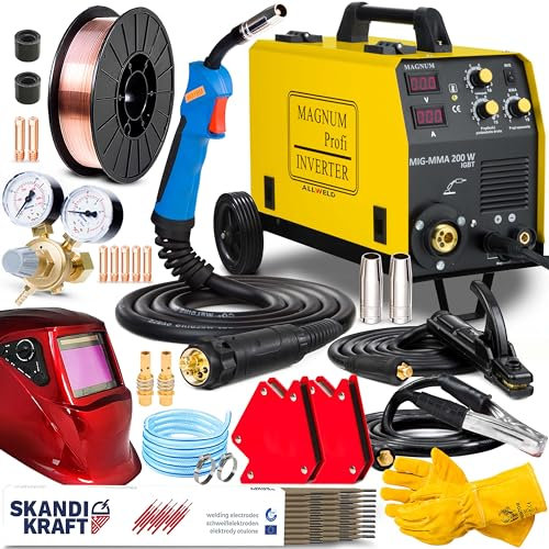 Magnum MIG MMA 200W - 180 A Máquina de Soldar con Gas y sin Gas - Máquina de Soldar Inverter Múltiple con Carro e Inductancia - Soldadura: MIG MAG, MMA, Flux - Set Premium