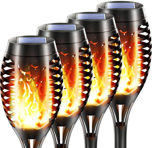 FLOWood Solarlampen für Außen, 4 Stück 12 LED Solarleuchten Flackernde Flamme, IP65 Wasserdicht Gartenfackeln, Automatische Ein/Aus, Solarfackeln für Außen, Gärten, Rasen, Terrasse