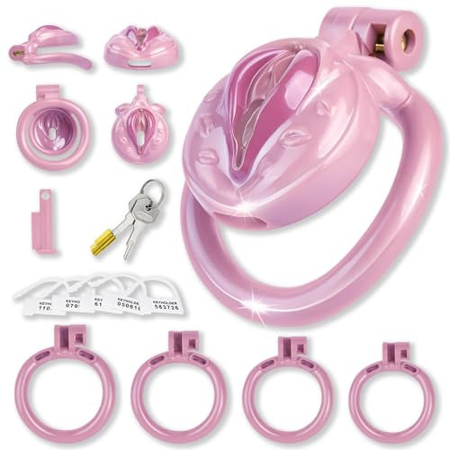 SeLgurFos Chastity Cage Sissy Fetish Sex Toy avec 4 anneaux de pénis et 2 clés Petite ceinture de chasteté en résine pour hommes SM Cock Bondage Set pour adultes hommes (Pink)