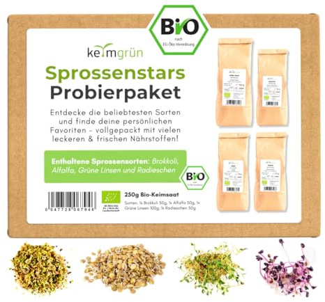 Sprossen Samen Set - insgesamt 250g BIO Saatgut für Sprossen - 4 Sorten: Brokkoli - Alfalfa - Linsen - Radieschen - Regelmäßig getestete Keimfähigkeit - Für's Sprossenglas