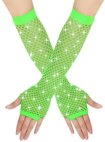 FSSTUD Strass Fingerlose Handschuhe Lange Fischnetz Handschuhe Arm Ärmel 80er Jahre Kostüm Handschuhe 1980er Retro Party Zubehör für Halloween, grün, 23 x 6.5cm (L x W)
