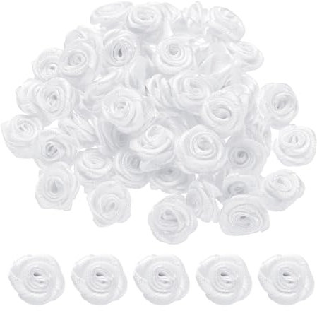 QUARKZMAN 100pz 1,5cm Mini Rose di Nastro in Raso Fiori Artificiali Stoffa Nastro Raso per Accessori Fai Da Te Cucito Confezione Regalo Decorazione Matrimonio, Bianco