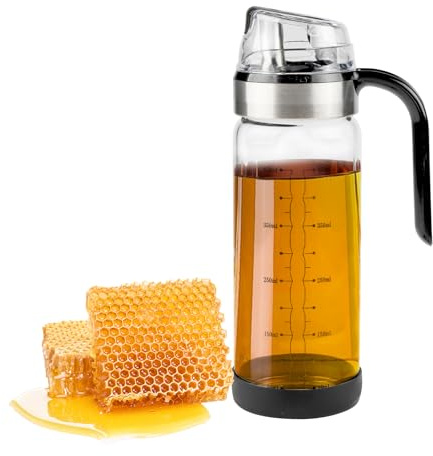 Gzsekken Honey Dispenser, 450ml Glass Syrup Dispenser with No Drip Stainless Pour Spout/Handle for Pancakes, Coffee, Cereal Bowl, Home Kitchen Bar and Salad Cooking