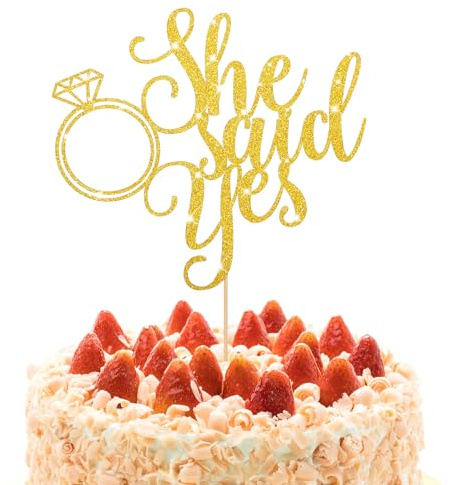 Psyqtsuary 1 PCS Gold 'She Said Yes' Engagement Wedding Cake Topper with Ring, Gold Glitter Bachelorette Bridal Shower Party Cake Decorations