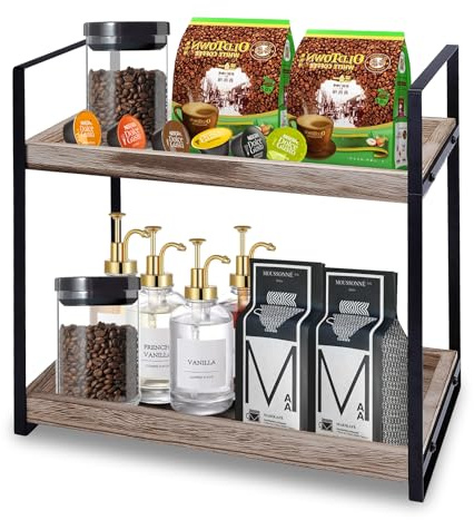 XUDREZ Coffee Station Organizer, 2 Tier Wooden Kitchen Counter Shelf, Hot Chocolate Station, Perfect for Coffee Accessories, Kitchen, Office, Catering