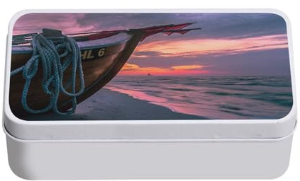 Metallbox Angelboot am Strand mit Blick auf die untergehende Sonne – 11 x 18,5 x 5,5 cm – Aufbewahrungsbox, Schlüssel, Werkzeuge, Lunchbox, Zucker, Kekse