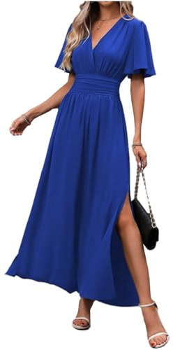 LUVCES Damen Sommer Maxi Kleid V-Ausschnitt Schmetterlingsärmel Plissee Hohe Taille Schlitz Elegant Hochzeitsgast Langes Kleid Königsblau XL
