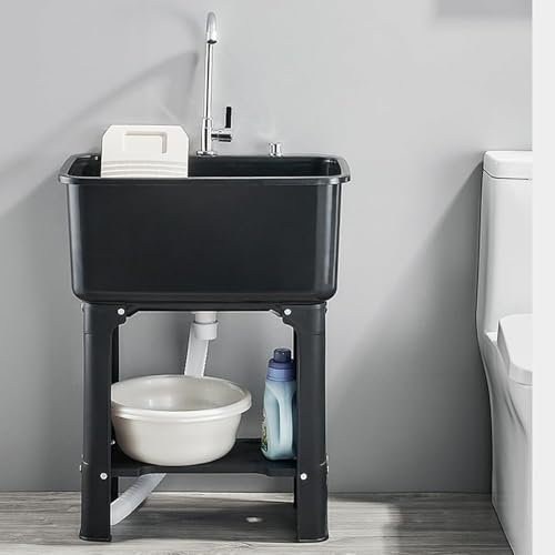 RCJCQSR Lavandino per lavanderia di grande capacità, autoportante, in plastica, con ripiano portaoggetti e lavabo, lavello con rubinetto ad angolo regolabile a 360°, per bagno e balcone (taglia L