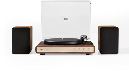 Crosley C65 Record Player with Speakers - Bluetooth Turntable with 50W Bookshelf Speakers, Easy Set Up Vinyl Player with Dust Cover, Record Player Shelf System, Audio-Technica Cartridge, Walnut