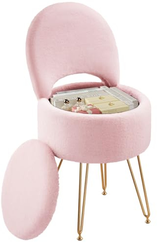 Rolanstar Schminkstuhl mit Stauraum, Schminktisch Stuhl mit Klappbare Rückenlehne, Bürostuhl mit Kunstfell-Sitz, rutschfeste Metallbeine, für Teenager (Rosa, L)